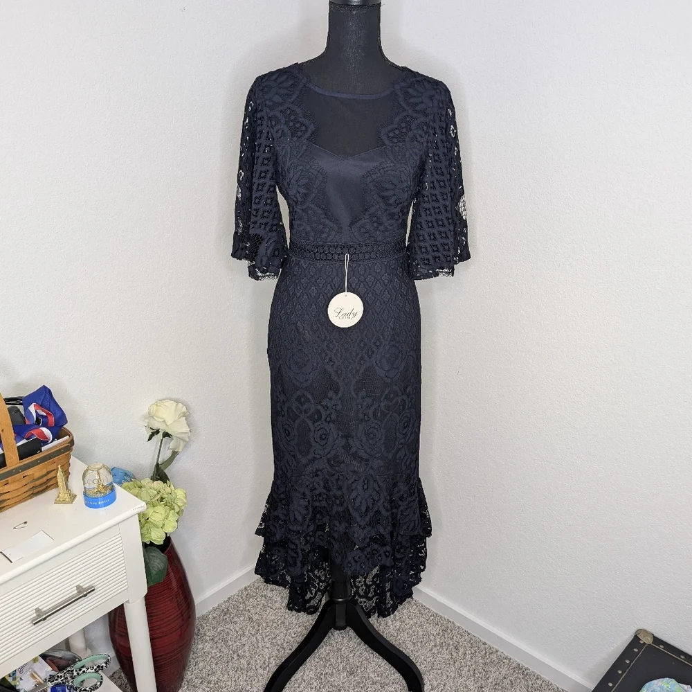💘 Lady Black Tie Reyna Lace Dress Navy Size 4 S - Picture 5 of 10
